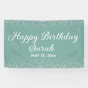 Aqua Mint Silver Diamond Glitter Happy Birthday Banner