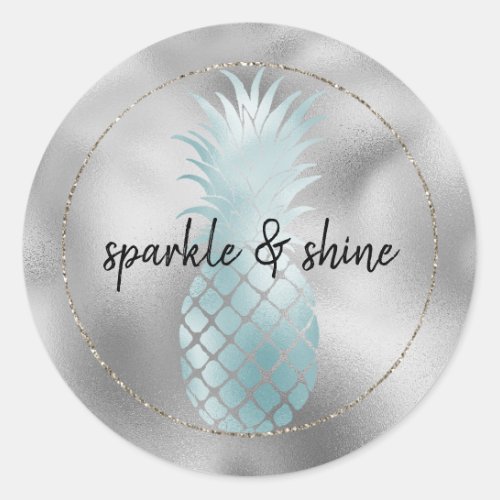 Aqua Mint Silver Glam Glitz Pineapple Classic Round Sticker