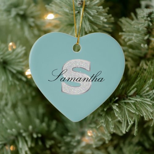 Aqua Mint Silver Letter S Ceramic Ornament