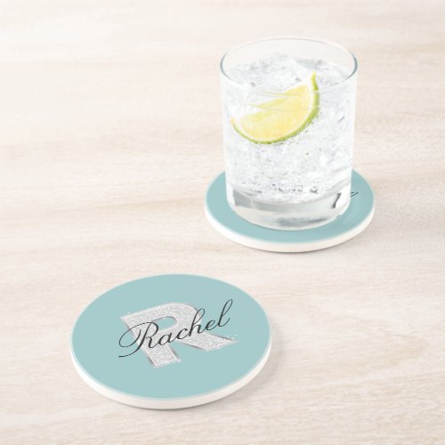 Aqua Mint Silver monogram letter R Coaster