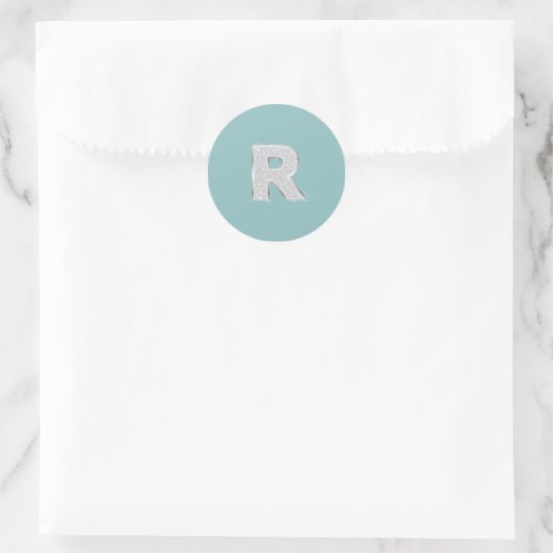 Aqua Mint Silver monogram letter R glitter Classic Round Sticker