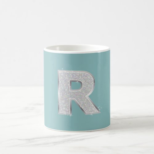 Aqua Mint Silver monogram letter R glitter Coffee Mug