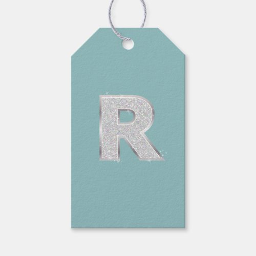 Aqua Mint Silver monogram letter R glitter Gift Tags