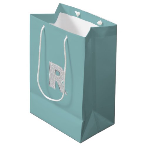 Aqua Mint Silver monogram letter R glitter Medium Gift Bag