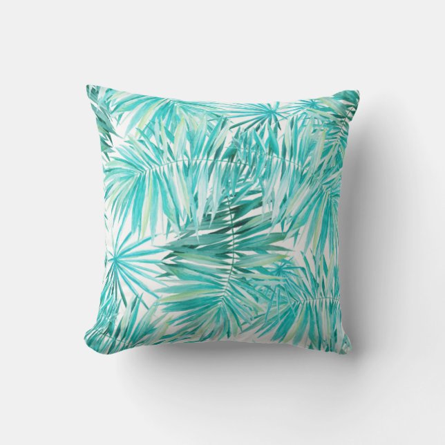 Aqua Mint Tropical Palm Leaves Throw Pillow (Front)