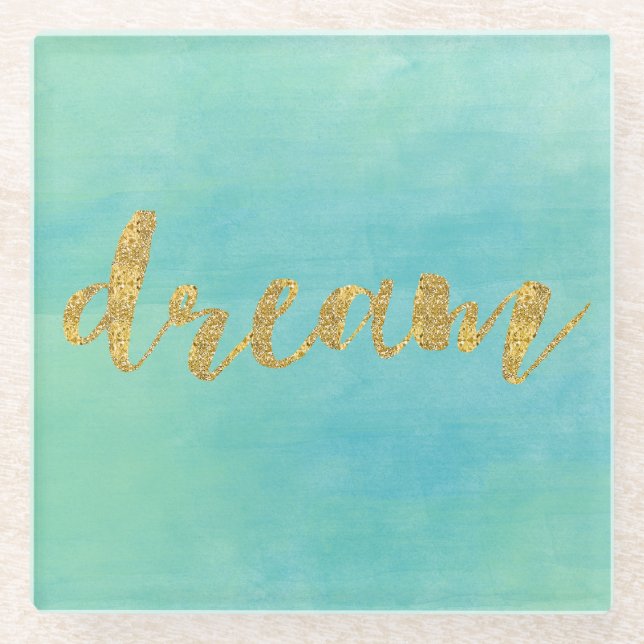 Aqua Mint Watercolor Gold Dream Glass Coaster (Front)