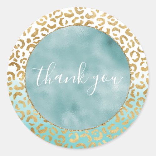 Aqua Mint Watercolor Gold Leopard Print   Classic Round Sticker