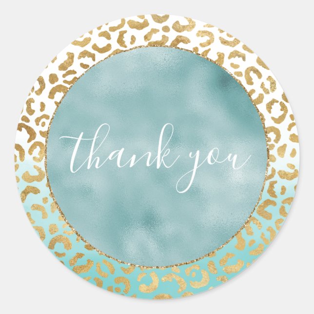Aqua Mint Watercolor Gold Leopard Print   Classic Round Sticker (Front)