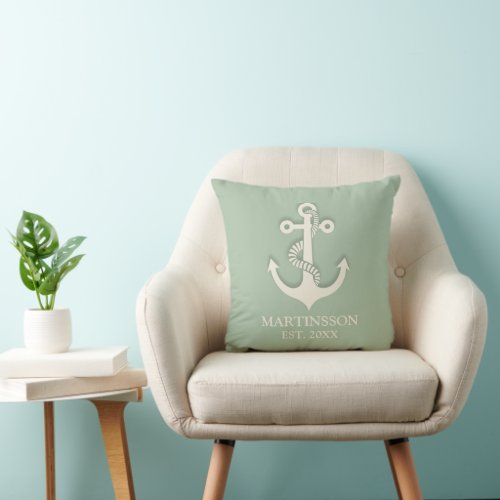 Aqua Mint White Anchor Name Date Nautical  Throw Pillow