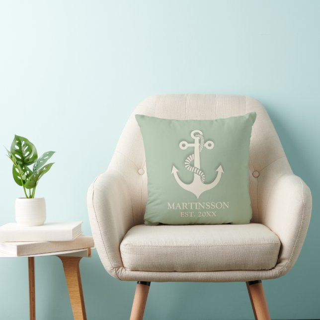 Aqua Mint White Anchor Name Date Nautical  Throw Pillow (Chair)