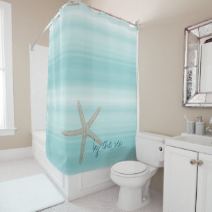 Aqua Mint White Beach Vibes Starfish Shower Curtain