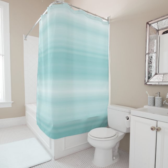 Aqua Mint White Beach Vibes Stripes Shower Curtain (In Situ)