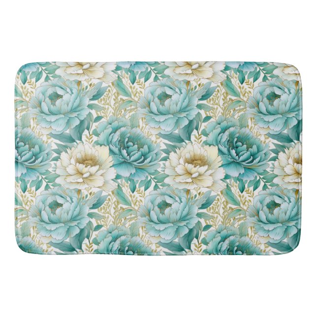 Aqua Mint White Floral Bath Mat (Front)