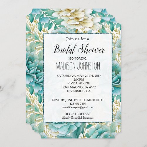 Aqua Mint White Floral Bridal Shower Invitation