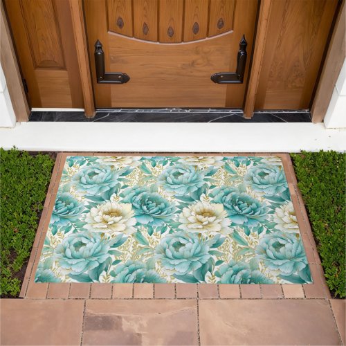 Aqua Mint White Floral Doormat