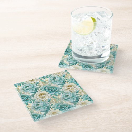 Aqua Mint White Floral  Glass Coaster