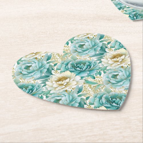 Aqua Mint White Floral  Paper Coaster