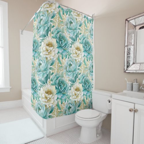 Aqua Mint White Floral Shower Curtain