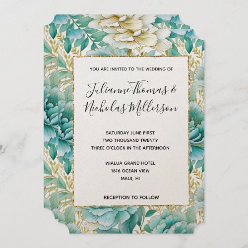 Aqua Mint White Floral Wedding Invitation