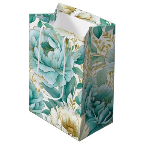 Aqua Mint White Floral Wedding Medium Gift Bag