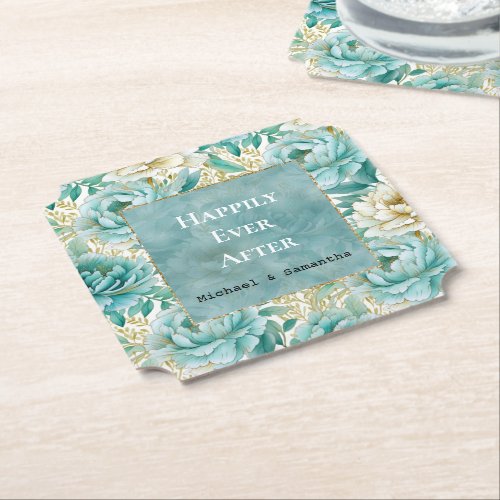 Aqua Mint White Floral Wedding Paper Coaster