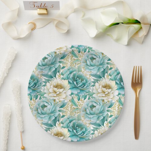 Aqua Mint White Floral Wedding Paper Plates