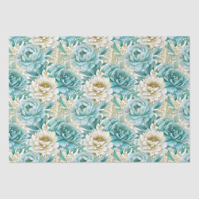 Aqua Mint White Floral Wedding Tissue Paper (Front)