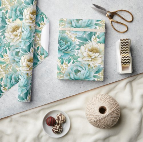 Aqua Mint White Floral Wedding Wrapping Paper