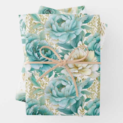Aqua Mint White Floral Wedding Wrapping Paper Sheets