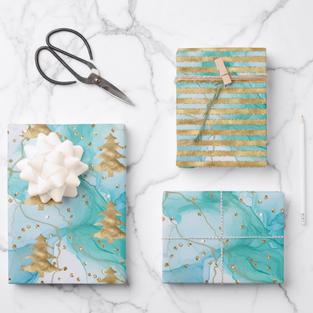 Aqua Mint White Gold Christmas Tree  Wrapping Paper Sheets (Front)