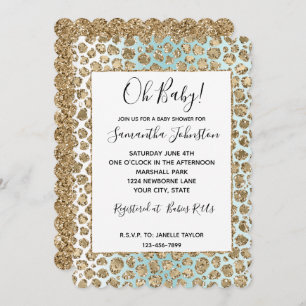 Aqua Mint White Gold Glam Glitter Leopard Invitation