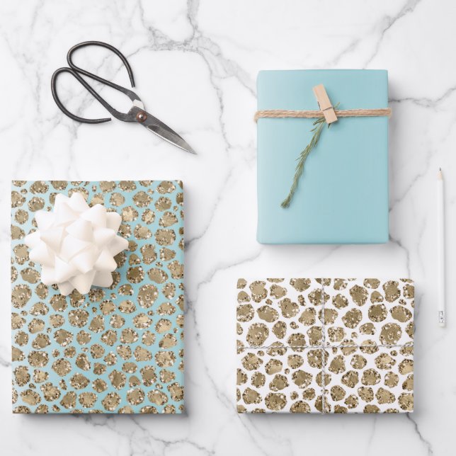Aqua Mint White Gold Glitter Leopard   Wrapping Paper Sheets (Front)