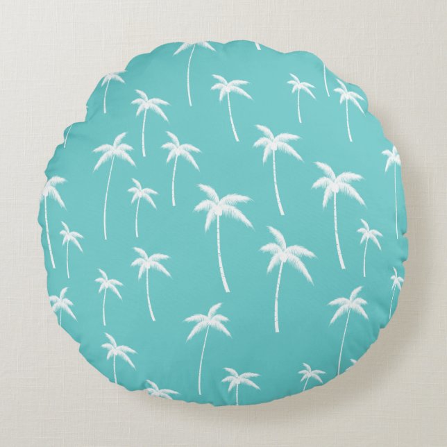 Aqua Mint White Palm Trees Round Pillow (Front)