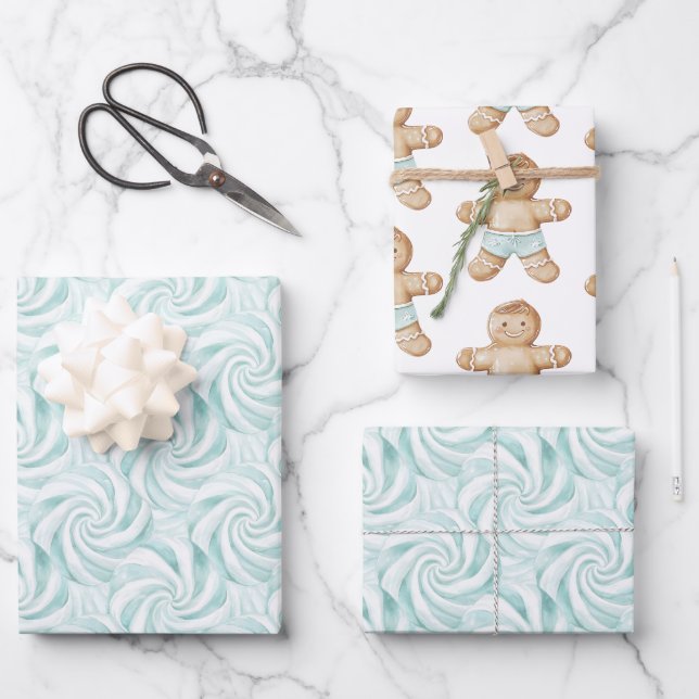 Aqua Mint White Swirls Christmas Wrapping Paper Sheets (Front)