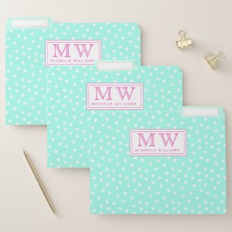 Aqua Mint with Cute White Hearts Pattern File Folder