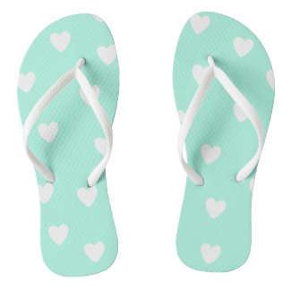 Aqua Mint with Cute White Hearts Pattern Flip Flops