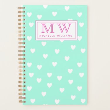 Aqua Mint with Cute White Hearts Pattern  Monogram
