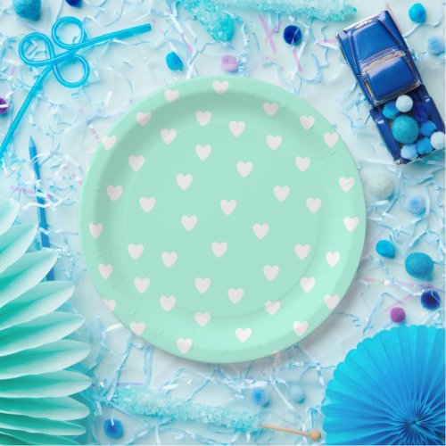 Aqua Mint with Cute White Hearts Pattern Paper Plates