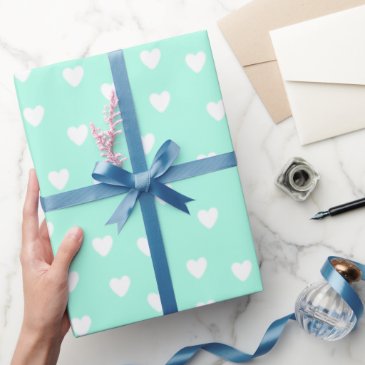 Aqua Mint with Cute White Hearts Pattern