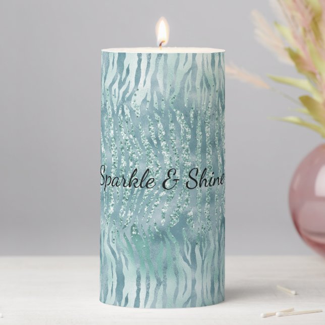 Aqua Mint Zebra Print Confetti Glitter           Pillar Candle (In Situ)