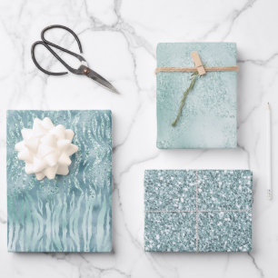 Aqua Mint Zebra Print Confetti Glitter     Wrapping Paper Sheets