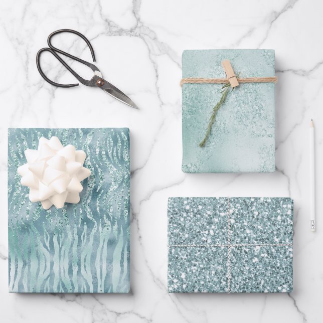 Aqua Mint Zebra Print Confetti Glitter     Wrapping Paper Sheets (Front)