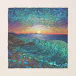 Aqua Mirage Seascape Scarf<br><div class="desc">Unleash the magic of the ocean at sunset with this surreal detailed piece,  featuring a stunning blend of blue hues,  iridescence,  and opal and jade colors for an ethereal touch.</div>