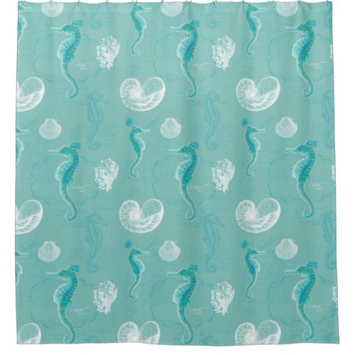 Aqua Modern Cottage Beach Ocean Seahorse Seashells Shower Curtain
