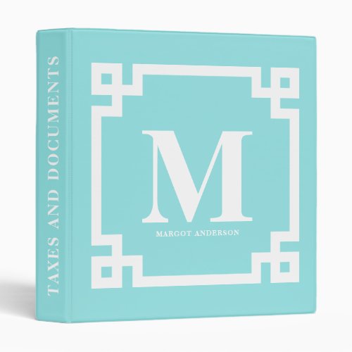 Aqua Modern Greek Key Border Monogram 3 Ring Binder