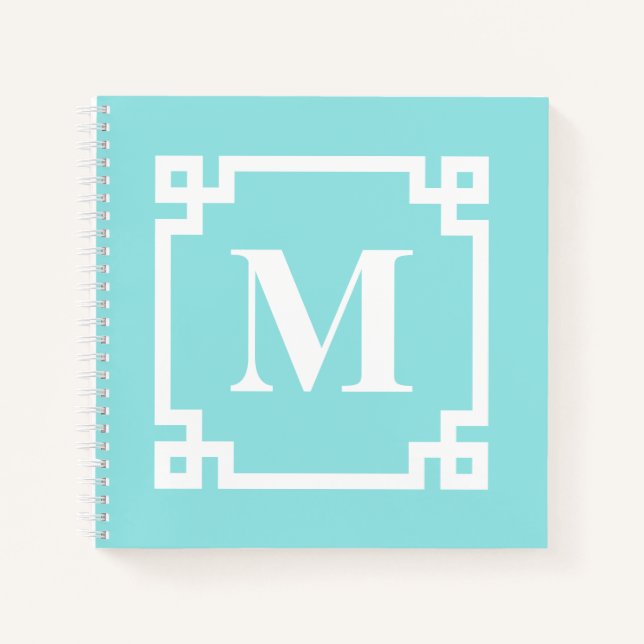 Aqua Modern Greek Key Border Monogram Notebook (Front)