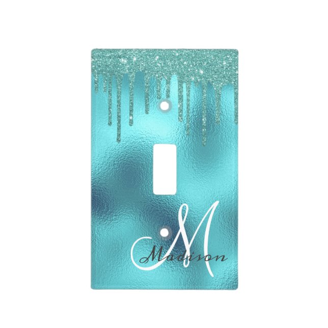 Aqua Monogram Glitter Drips Pretty Girly Light Switch Cover (Front)