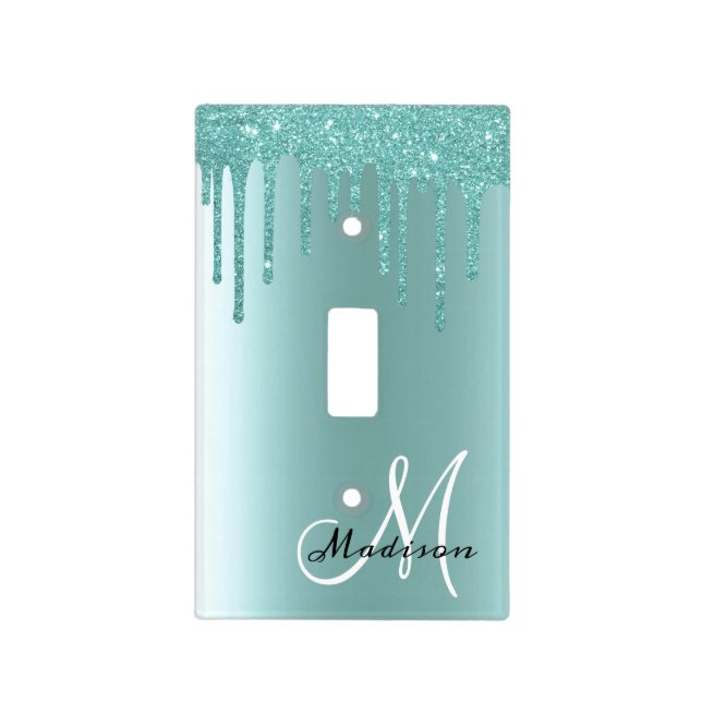 Aqua Monogram Glitter Drips Pretty Light Switch Cover (Front)