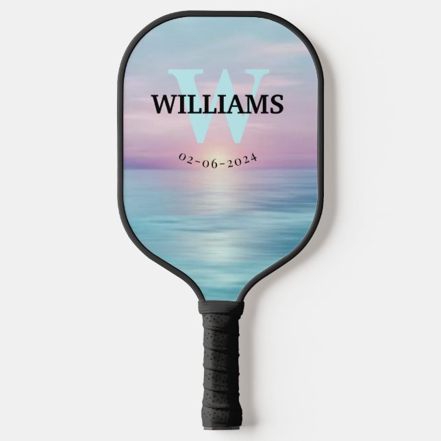 Aqua Monogram Initial and Name Personalized  Pickleball Paddle (Front)