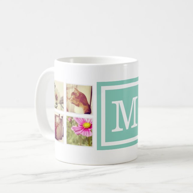 Aqua Monogram Instagram Photo Collage Mug (Front Left)